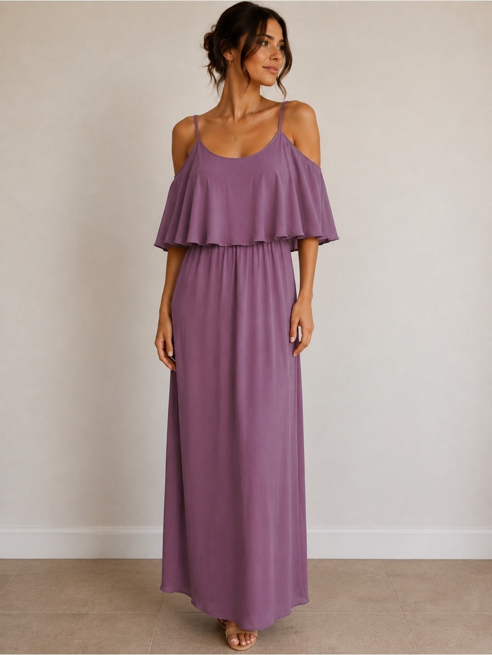 Show Me Your Mumu Caitlin Ruffle Maxi Dress XS Dusty Mauve Bridesmaid